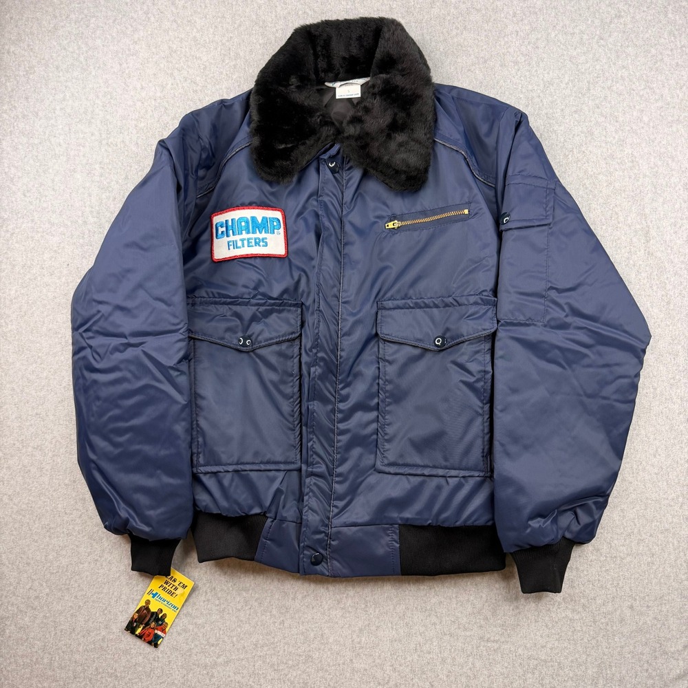 Y2K VTG Horizon Sportswear Navy Bomber‎ Jacket Champ Filters Faux Fur Collar S
